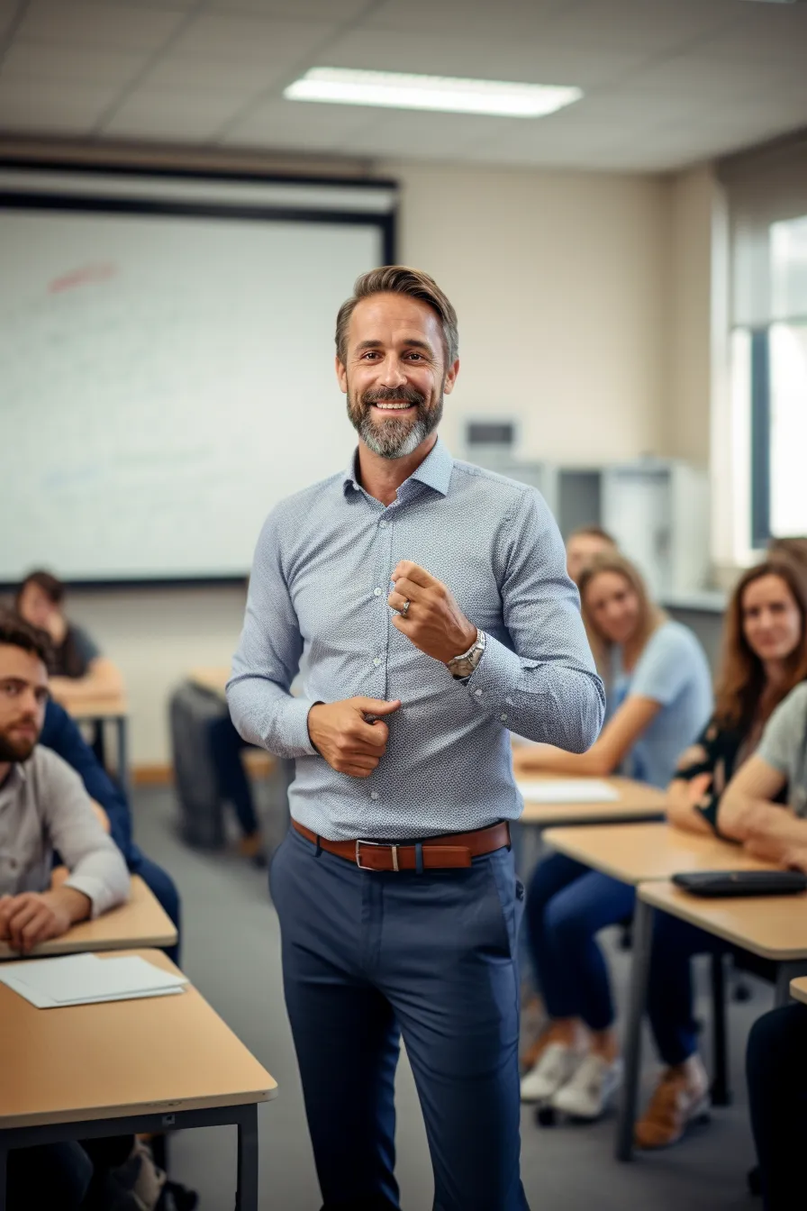 Training teacher standing infront of classroom smiling with people in the background