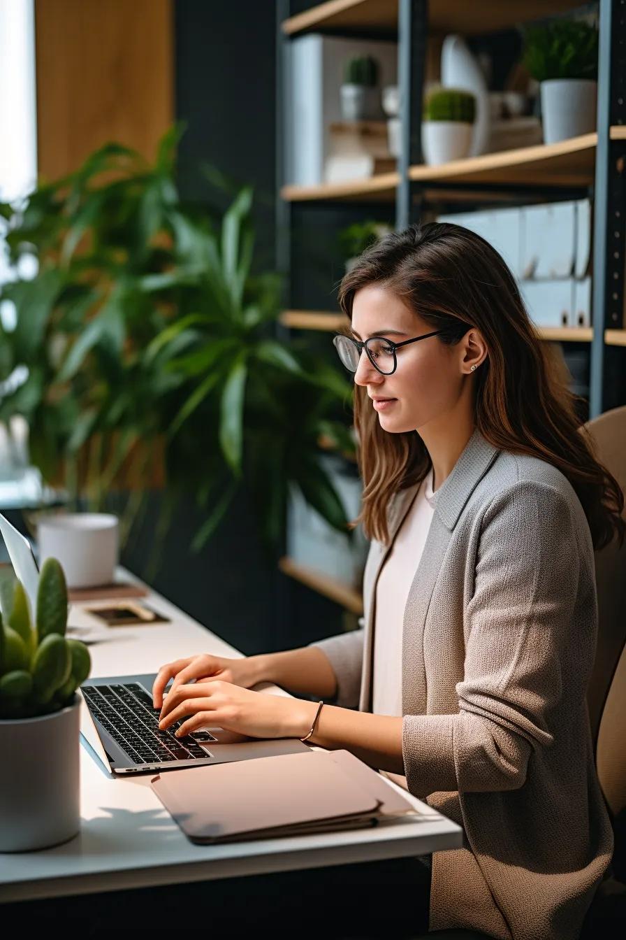 Woman with glasses sitting at a laptop working